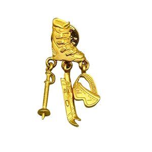 Vintage JJ Tack Pin Skiing Theme Ski Lover Matte Gold Tone Boot Ski Pole Goggles